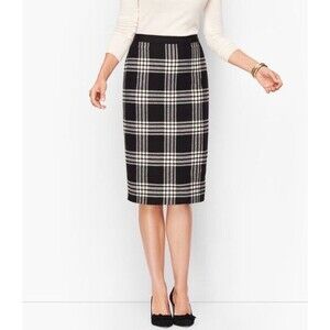 Talbots 14 Pencil Skirt Wool Blend Black White Buffalo Plaid Dark Academia Work
